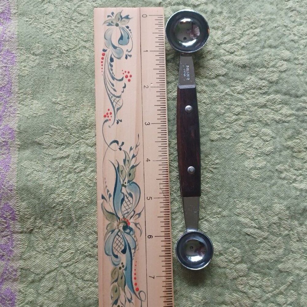 Vintage Japan BALFOUR Double  Melon Baller Stainless Wood Handle Shiny Retro EUC